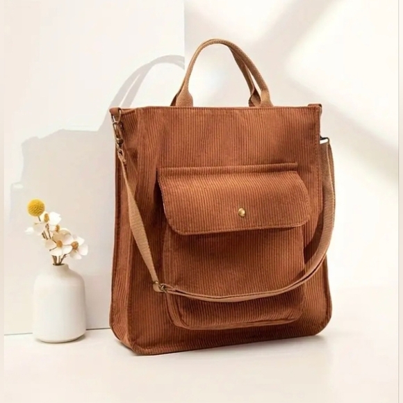 Vintage Retro Urban Chic Brown Chestnut Corduroy Crossbody Bag Minimalist Tote - Picture 1 of 16